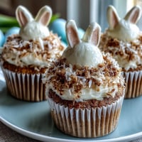 Fluffy Easter cupcakes topped with shredded coconut and marshmallow bunny tails for a festive dessert.