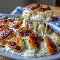 Creamy Au Gratin Potatoes: golden-bubbly cheese topping over tender potato layers baked in rich cream sauce.