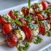 Caprese skewers with pesto drizzle, showcasing ripe cherry tomatoes, creamy mozzarella, and fresh basil on bamboo sticks.  