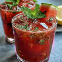 Refreshing glass of watermelon mint lemonade with ice, garnished with mint leaves and lemon slices, perfect for summer gatherings.