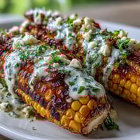 Grilled corn elote style with creamy sauce, chili, and Cotija cheese, perfect summer side dish.