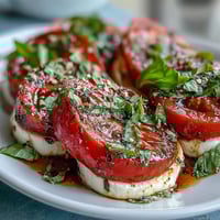 Caprese Salad with Basil Oil Drizzle: vibrant tomatoes and creamy mozzarella layered with fresh basil and a fragrant green basil oil drizzle.