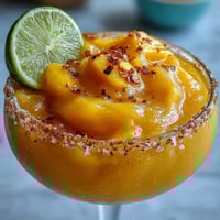 Frozen mango margarita mocktail in a salt-rimmed glass with lime wedge and vibrant orange hue.