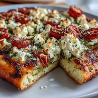 Viral Cottage Cheese Flatbread with Pesto and Tomato, a high-protein vegetarian snack topped with fresh basil and cherry tomatoes.
