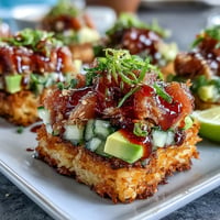 Crispy rice salad with avocado and spicy tuna, topped with sesame seeds and fresh cilantro.  