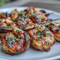 Grilled Honey Garlic Shrimp Skewers glistening with sweet glaze, ready for grilling.