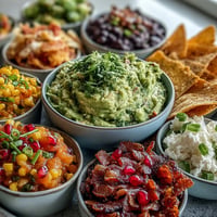Festive guacamole bar with five colorful toppings, ready for dipping chips.